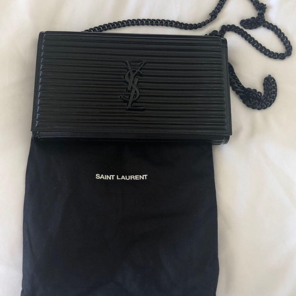 YSL wallet on chain patent black leather